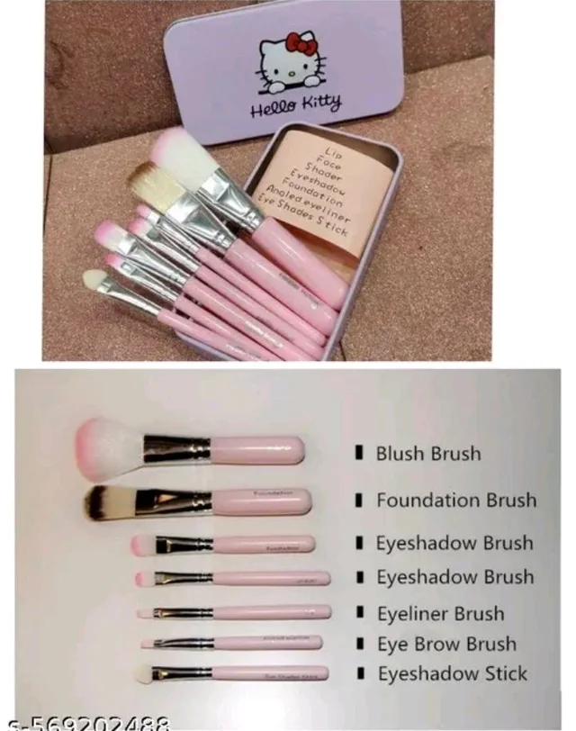 Soft Bristle Makeup Mini Brush Kit With Hello Kitty Print Storage Boxx| Blender | Makeup Blending Brushes Set of 7 - Pink