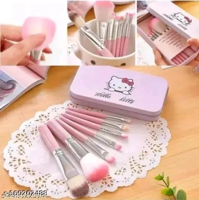 Soft Bristle Makeup Mini Brush Kit With Hello Kitty Print Storage Boxx| Blender | Makeup Blending Brushes Set of 7 - Pink