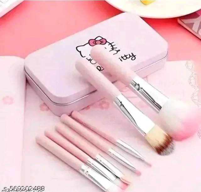 Soft Bristle Makeup Mini Brush Kit With Hello Kitty Print Storage Boxx| Blender | Makeup Blending Brushes Set of 7 - Pink