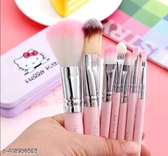 Soft Bristle Makeup Mini Brush Kit With Hello Kitty Print Storage Boxx| Blender | Makeup Blending Brushes Set of 7 - Pink