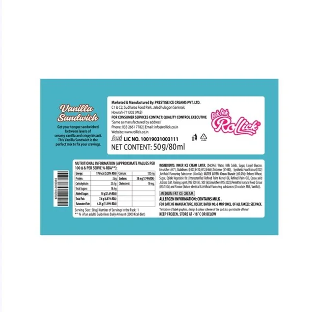 Rollick Vanilla Ice Cream Sandwich - 50 g
