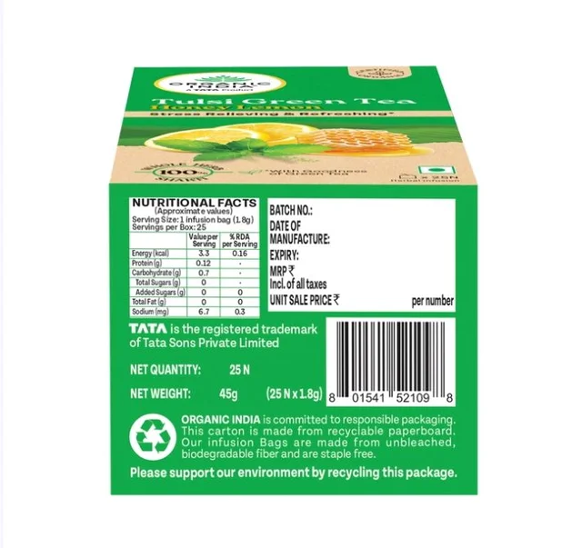 Organic India Tulsi Honey Lemon Green Tea Bags - 25 pcs
