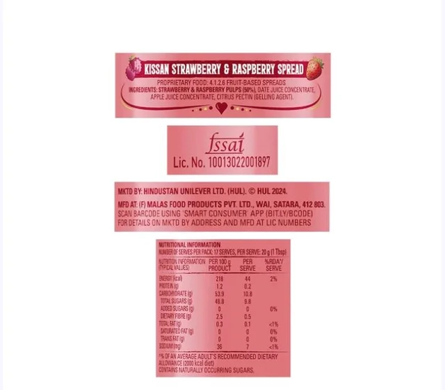 Kissan Strawberry & Raspberry Jam Spread - 20 g, 340 g