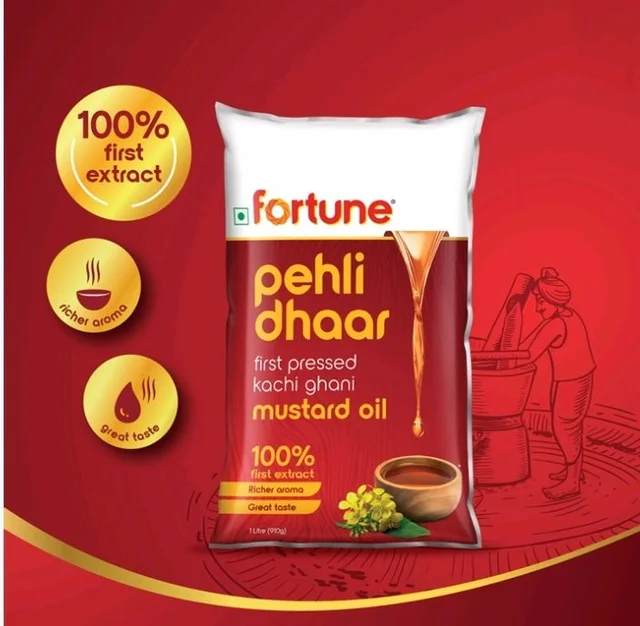 Fortune Pehli Dhar Kachi Ghani Cold Pressed Mustard Oil (Pouch) (Sorisha Tel) - 1 ltr