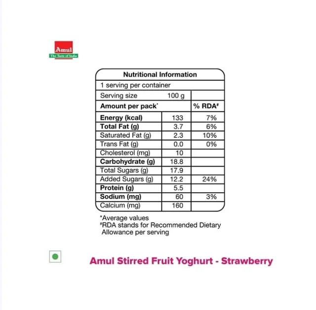 Amul Stirred Strawberry Flavoured Yogurt - 100 g
