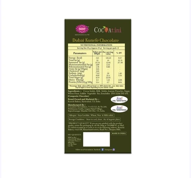 Karachi Bakery Dubai Kunafa Chocolate Bar - 180 g