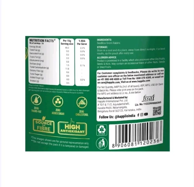 Happilo Premium Seedless Green Raisins (Kishmish) - 250 g