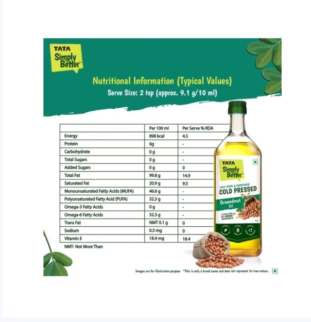 Tata Simply Better 100% Pure Cold Pressed Groundnut Oil / Peanut Oil - 1 ltr