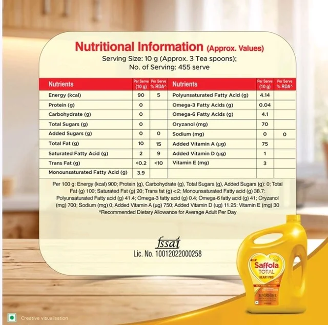 Saffola. Saffola Total Heart Pro Rice Bran & Sunflower Blended Cooking Oil (Khadya Tel) - 5 ltr