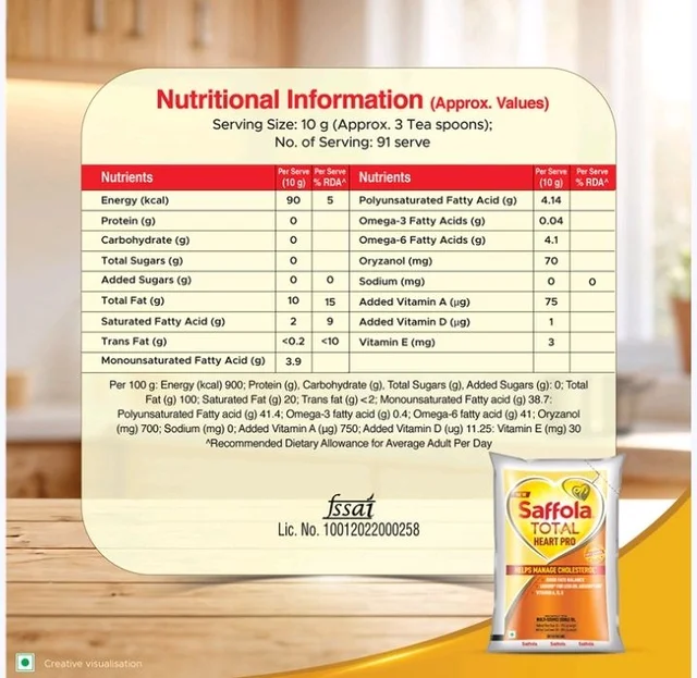 Saffola Total Heart Pro Rice Bran & Sunflower Blended Cooking Oil (Khadya Tel) - 1 ltr