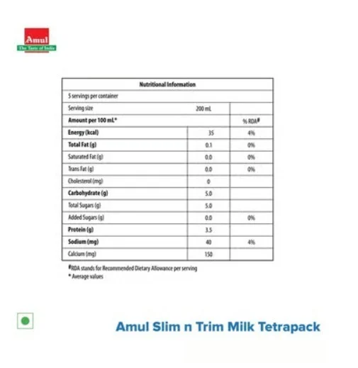 Amul Slim 'n' Trim Skimmed Milk (Zero Cholesterol) - 200 mL, 1l