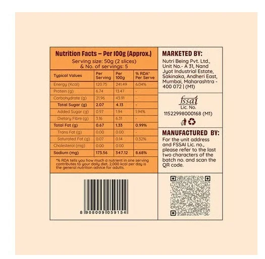 The Health Factory Zero Maida Whole Wheat Bread - Serve Size 50 g, 250 g