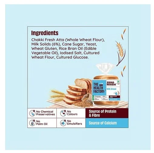 The Health Factory Zero Maida Milk Bread - Serve Size 50 g, 250g