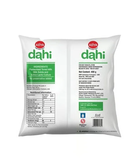 Adya Dairy Pouch Curd - Thick & Creamy, 400 g