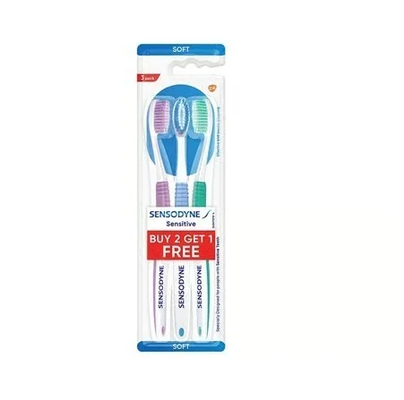 Sensodyne Sensitive Toothbrush (With Soft Rounded Bristles) - Buy 2 Get 1 Free - Round Tip Bristles, 3 pcs, Multicolour
