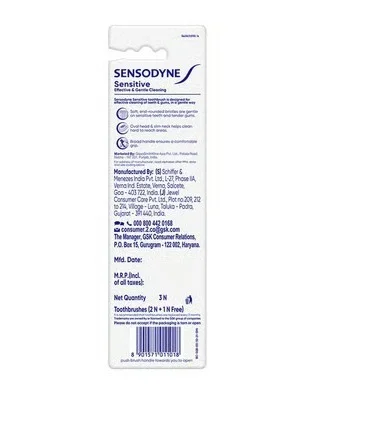 Sensodyne Sensitive Toothbrush (With Soft Rounded Bristles) - Buy 2 Get 1 Free - Round Tip Bristles, 3 pcs, Multicolour
