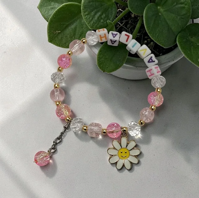 Name Bracelet With Crystals and Golden Beads ( We will contact for Name and beads color )