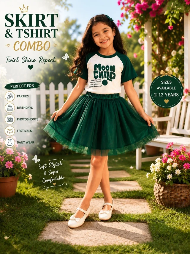 DARK GREEN BALLET Skirt & T-Shirt Set for Girls | Fashionifyy