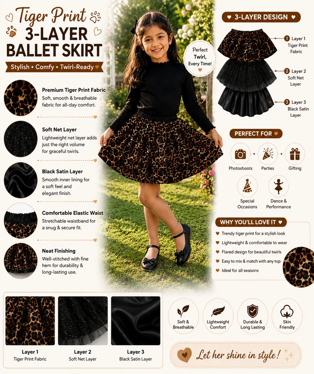 FASHIONIFYY Tiger Print 3-Layer Ballet Skirt for Girls | Fashionifyy - 4yr