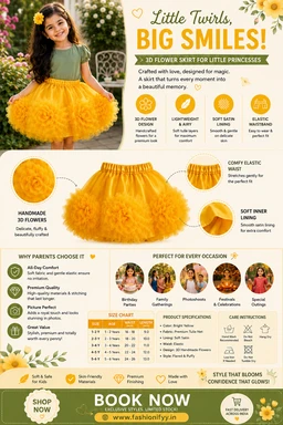 FASHIONIFYY YELLOW Flower Skirt for Girls | Fashionifyy -A447 - 6 YEARS, YELLOW, 1