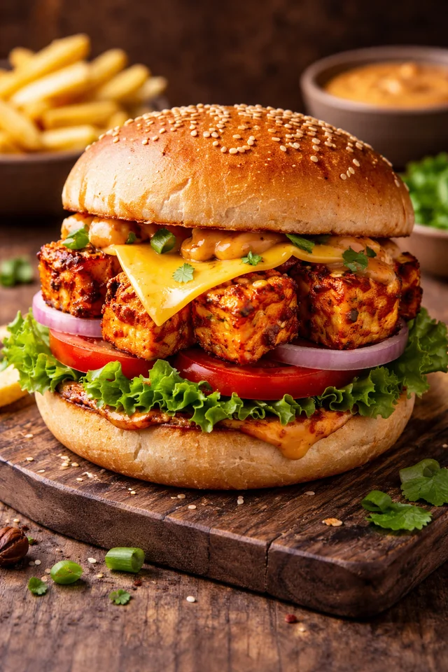 Paneer Tikka Burger with cheese slice