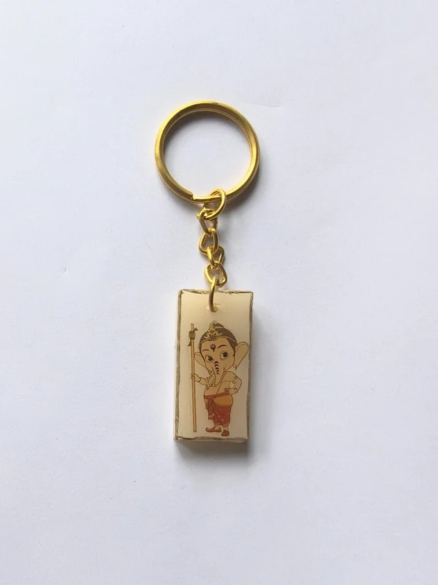 Rectangle Ganesha Keychain - 1.18"x0.59", White