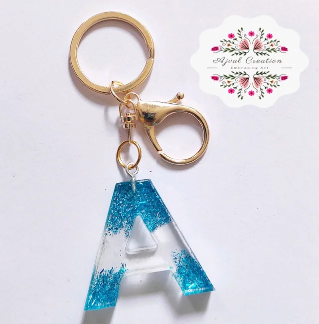 Transparent Blue Glitter Alphabet Keychains - Turquoise, 3.9 cm