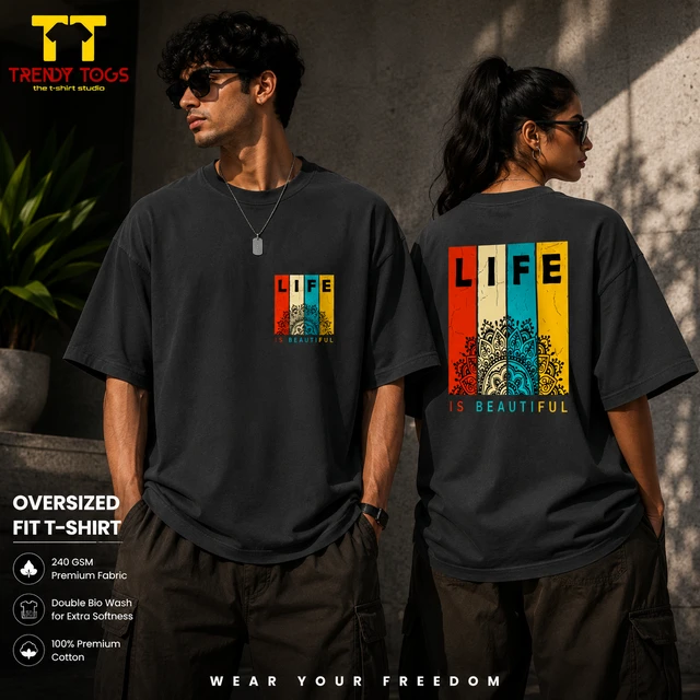 Trendy Togs Life Is Beautiful Cotton Oversized T-shirt - S, Black