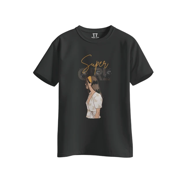 Trendy Togs Super Girl Cotton T-shirt For Girls - XL, Black