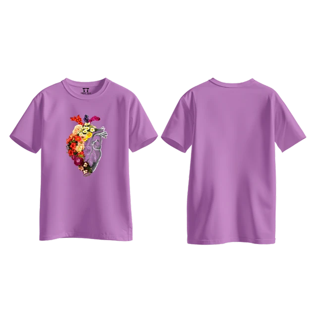 Trendy Togs Floral Anatomical Heart Printed Cotton T-shirt For Girls - M, Purple
