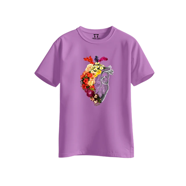 Trendy Togs Floral Anatomical Heart Printed Cotton T-shirt For Girls - M, Purple