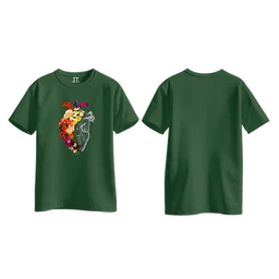 Trendy Togs Floral Anatomical Heart Printed Cotton T-shirt For Girls - L, Forest Green