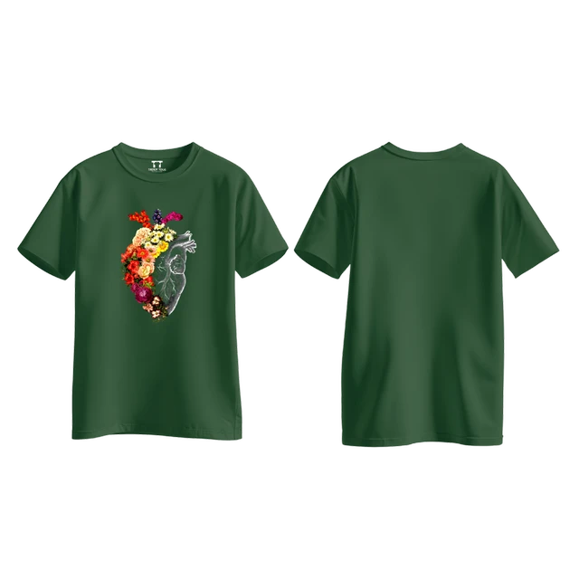 Trendy Togs Floral Anatomical Heart Printed Cotton T-shirt For Girls - L, Forest Green