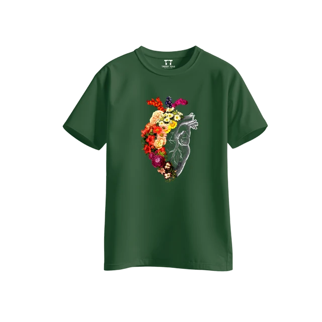 Trendy Togs Floral Anatomical Heart Printed Cotton T-shirt For Girls - L, Forest Green
