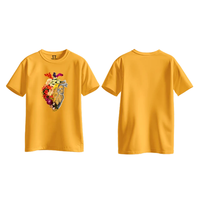 Trendy Togs Floral Anatomical Heart Printed Cotton T-shirt For Girls - L, Yellow