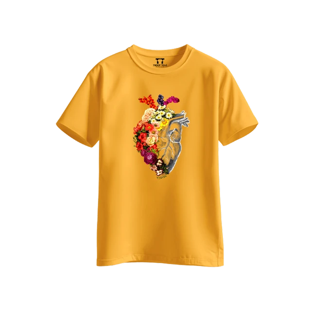 Trendy Togs Floral Anatomical Heart Printed Cotton T-shirt For Girls - L, Yellow