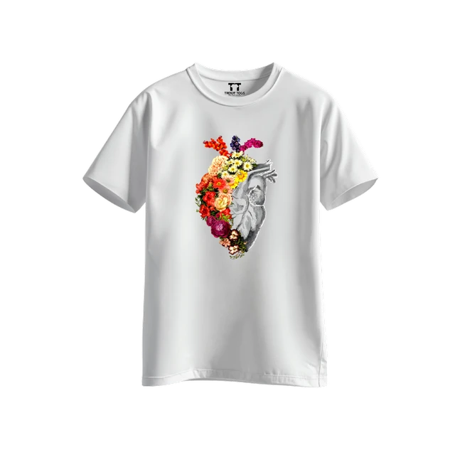 Trendy Togs Floral Anatomical Heart Printed Cotton T-shirt For Girls - L, White