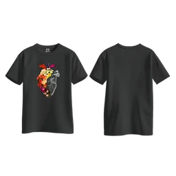 Trendy Togs Floral Anatomical Heart Printed Cotton T-shirt For Girls - L, Black