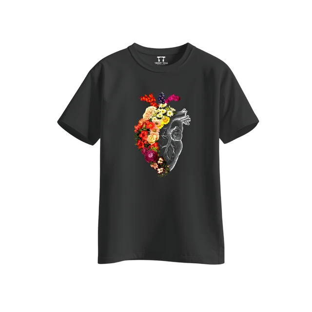 Trendy Togs Floral Anatomical Heart Printed Cotton T-shirt For Girls - L, Black