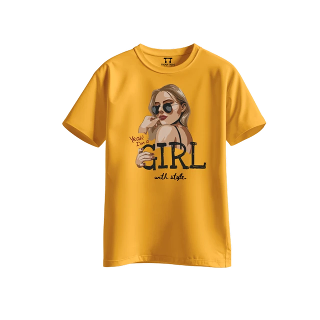 Trendy Togs Yeah I’m a Girl With Style – Stylish Fashion Cotton T-shirt For Girls - L, Yellow
