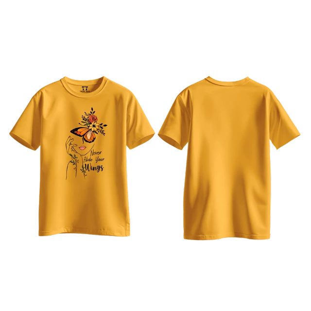 Trendy Togs Never Hide Your Wings – Floral Butterfly Inspirational Cotton T-shirt For Girls - L, Yellow