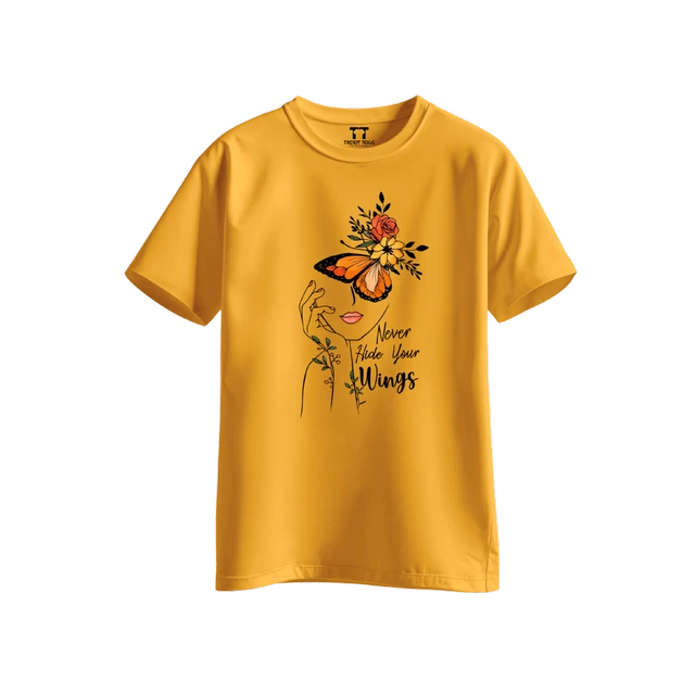 Trendy Togs Never Hide Your Wings – Floral Butterfly Inspirational Cotton T-shirt For Girls - L, Yellow