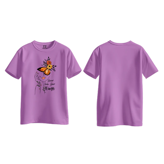 Trendy Togs Never Hide Your Wings – Floral Butterfly Inspirational Cotton T-shirt For Girls - L, Purple