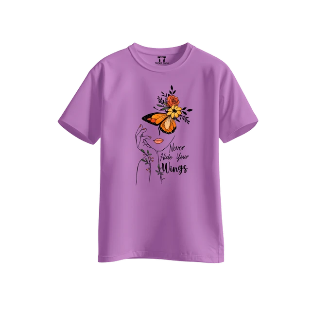 Trendy Togs Never Hide Your Wings – Floral Butterfly Inspirational Cotton T-shirt For Girls - L, Purple