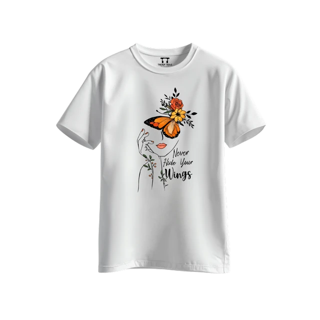 Trendy Togs Never Hide Your Wings – Floral Butterfly Inspirational Cotton T-shirt For Girls - M, White