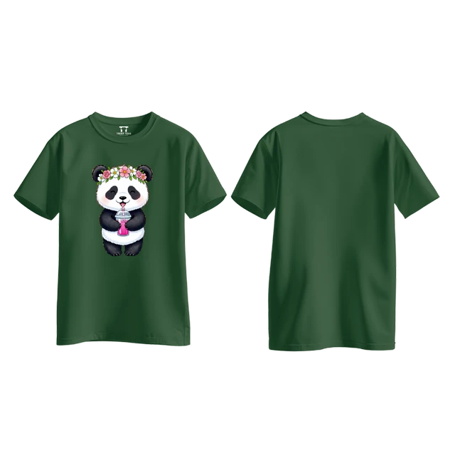 Trendy Togs Cute Floral Panda Bubble Drink Cotton T-shirt For Girls - L, Forest Green