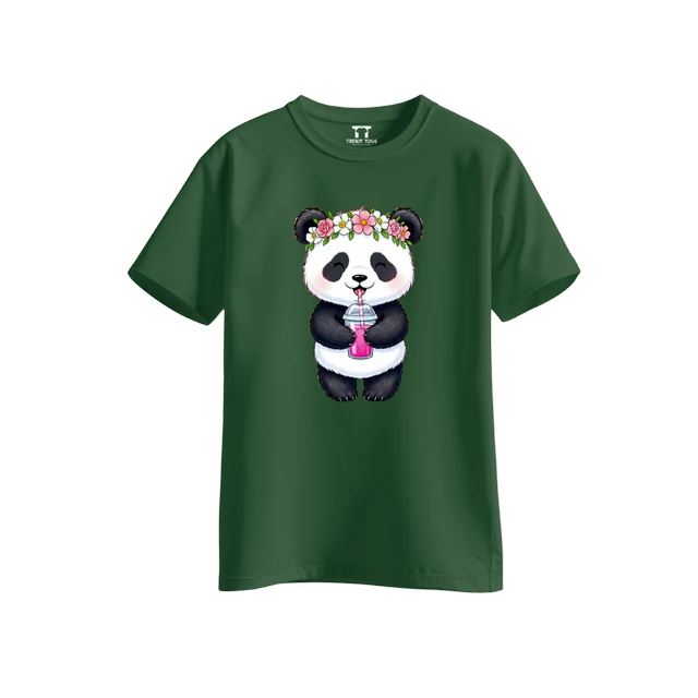 Trendy Togs Cute Floral Panda Bubble Drink Cotton T-shirt For Girls - L, Forest Green