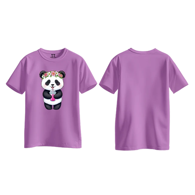 Trendy Togs Cute Floral Panda Bubble Drink Cotton T-shirt For Girls - L, Purple