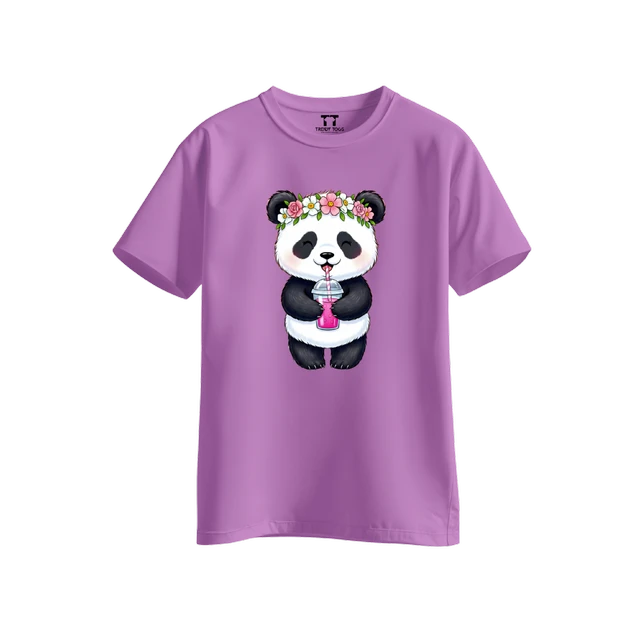 Trendy Togs Cute Floral Panda Bubble Drink Cotton T-shirt For Girls - L, Purple