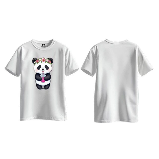 Trendy Togs Cute Floral Panda Bubble Drink Cotton T-shirt For Girls - L, White